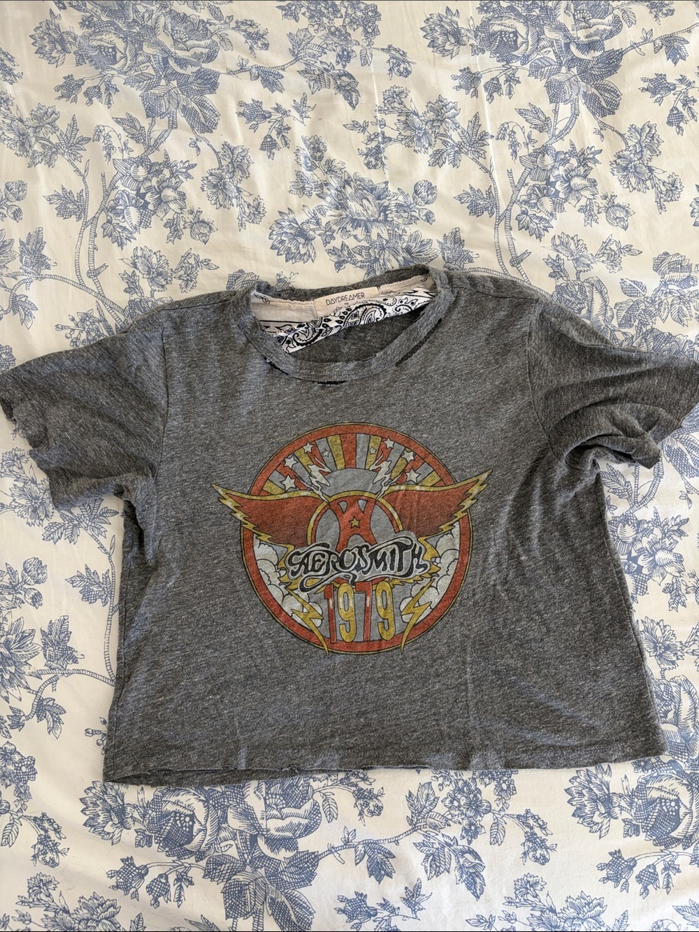 Free People Grey Aerosmith Graphic Tee with Red and Yellow Logo